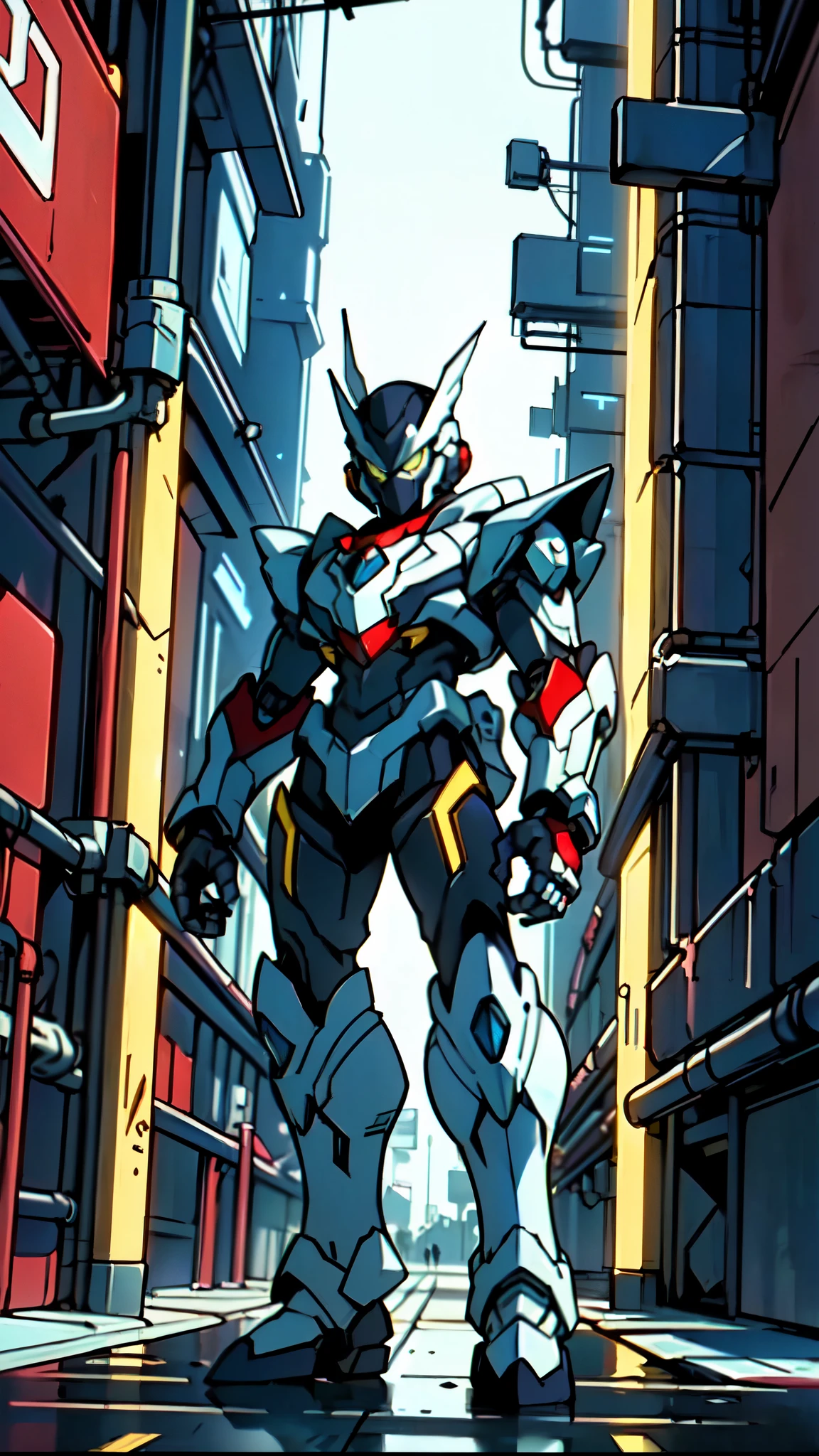 (masterpiece:1.5, best quality:1.5, extremely delicate:1.5), a man wearing a full-face helmet, a fantasy-style biotech armored combat suit, green eyes, (a composite layered chest armor), fully enclosed shoulder guards, matching arm and leg guards, belt of Neon circuit, (the color scheme is primarily blue with red and black accents), the design balances heavy with agility, a high-tech bio-mecha armor, (Armor Concept Inspired by neon Cyberpunk, stand on the top of a skyscraper in a futuristic sci-fi city), this character embodies a finely crafted fantasy-surreal style armored hero in anime style, exquisite and mature manga art style, (element, plasma, energy, the armor glows), ((male:1.5)), metallic, high definition, highres, ultra-detailed, ultra-fine painting, professional, perfect body proportions, golden ratio, anatomically correct, symmetrical face, extremely detailed eyes and face, high quality eyes, creativity, RAW photo, UHD, 32k, Natural light, cinematic lighting, masterpiece-anatomy-perfect