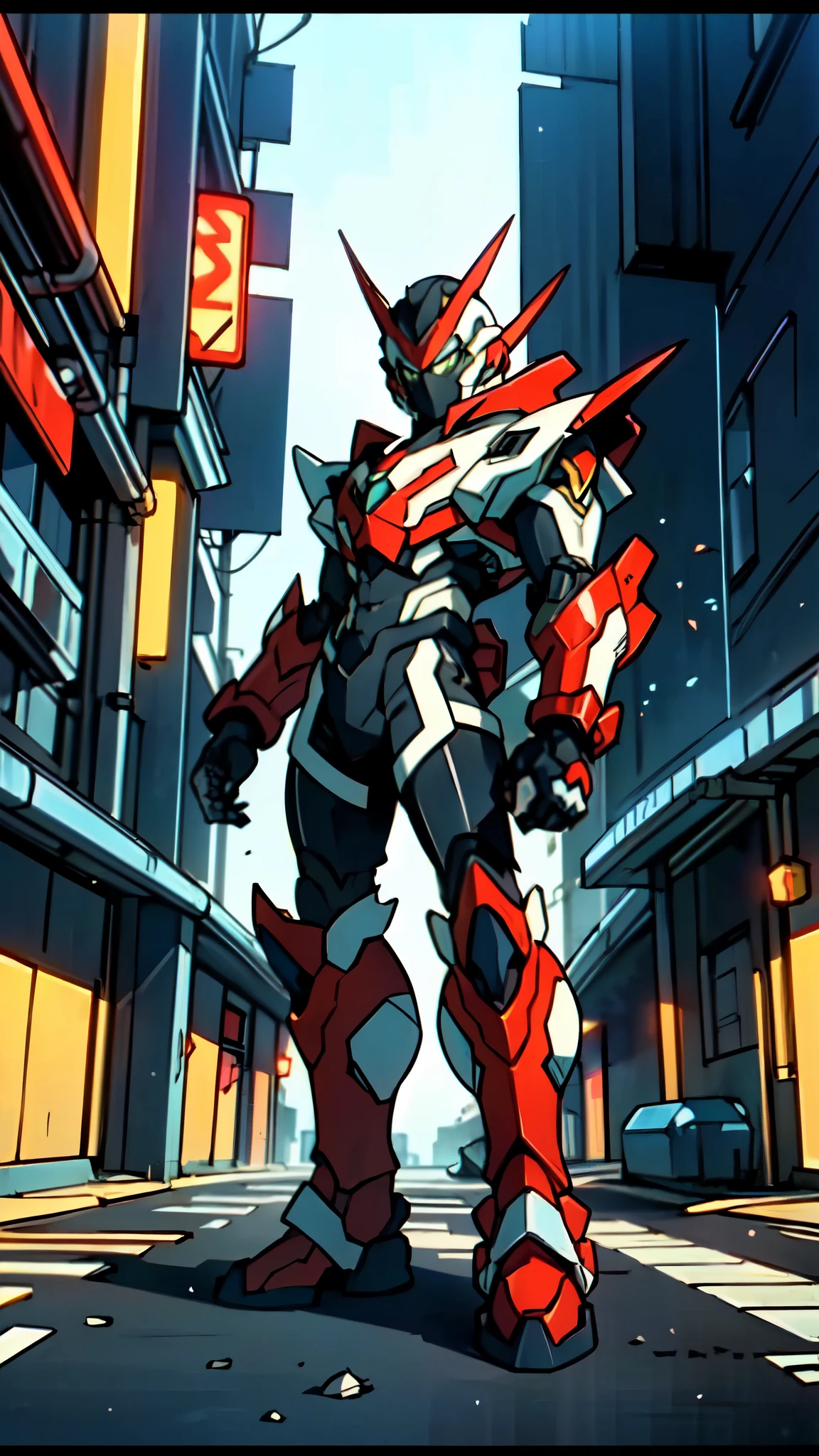 (masterpiece:1.5, best quality:1.5, extremely delicate:1.5), a man wearing a full-face helmet, a fantasy-style biotech armored combat suit, green eyes, (a composite layered chest armor), fully enclosed shoulder guards, matching arm and leg guards, belt of Neon circuit, (the color scheme is primarily blue with red and black accents), the design balances heavy with agility, a high-tech bio-mecha armor, (Armor Concept Inspired by neon Cyberpunk, stand on the top of a skyscraper in a futuristic sci-fi city), this character embodies a finely crafted fantasy-surreal style armored hero in anime style, exquisite and mature manga art style, (element, plasma, energy, the armor glows), ((male:1.5)), metallic, high definition, highres, ultra-detailed, ultra-fine painting, professional, perfect body proportions, golden ratio, anatomically correct, symmetrical face, extremely detailed eyes and face, high quality eyes, creativity, RAW photo, UHD, 32k, Natural light, cinematic lighting, masterpiece-anatomy-perfect