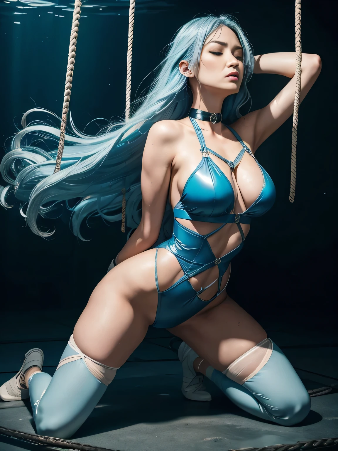 superheroine, long long gorgeous light blue hair, slender body, latex, leotard blue and white costume, captured, shibari, static restrained, arms behind back, chained, rope bind, cruelly, painful, helpless, humiliating, regrettable, screaming, kneeling, sweating, eyes closed, choker, in undersea, waves are rough, bondage