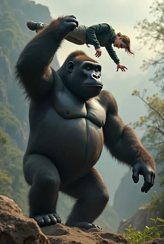 a half-human gorilla dropping a person above his head looking like a big shot
