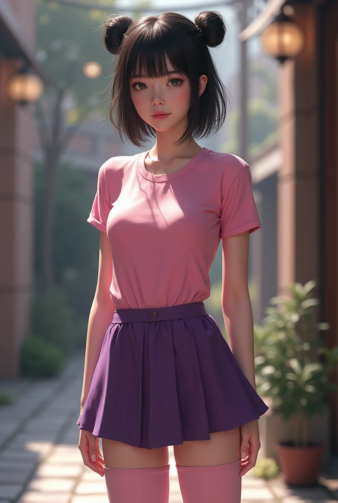 Best Quality, Ultra High Resolution, (Fidelity: 1.4), Hyper Realism, 1 Girl, Looking at Viewer, Smiling, Cute, Full Body, Street, Outdoors, Upper Body White Transparent T-Shirt, Pink Loose C Cup, The lower body is a beige short skirt with hips, supple skin, a cute and charming round face, very detailed, delicate clavicle, sapphire necklace, charming figure
