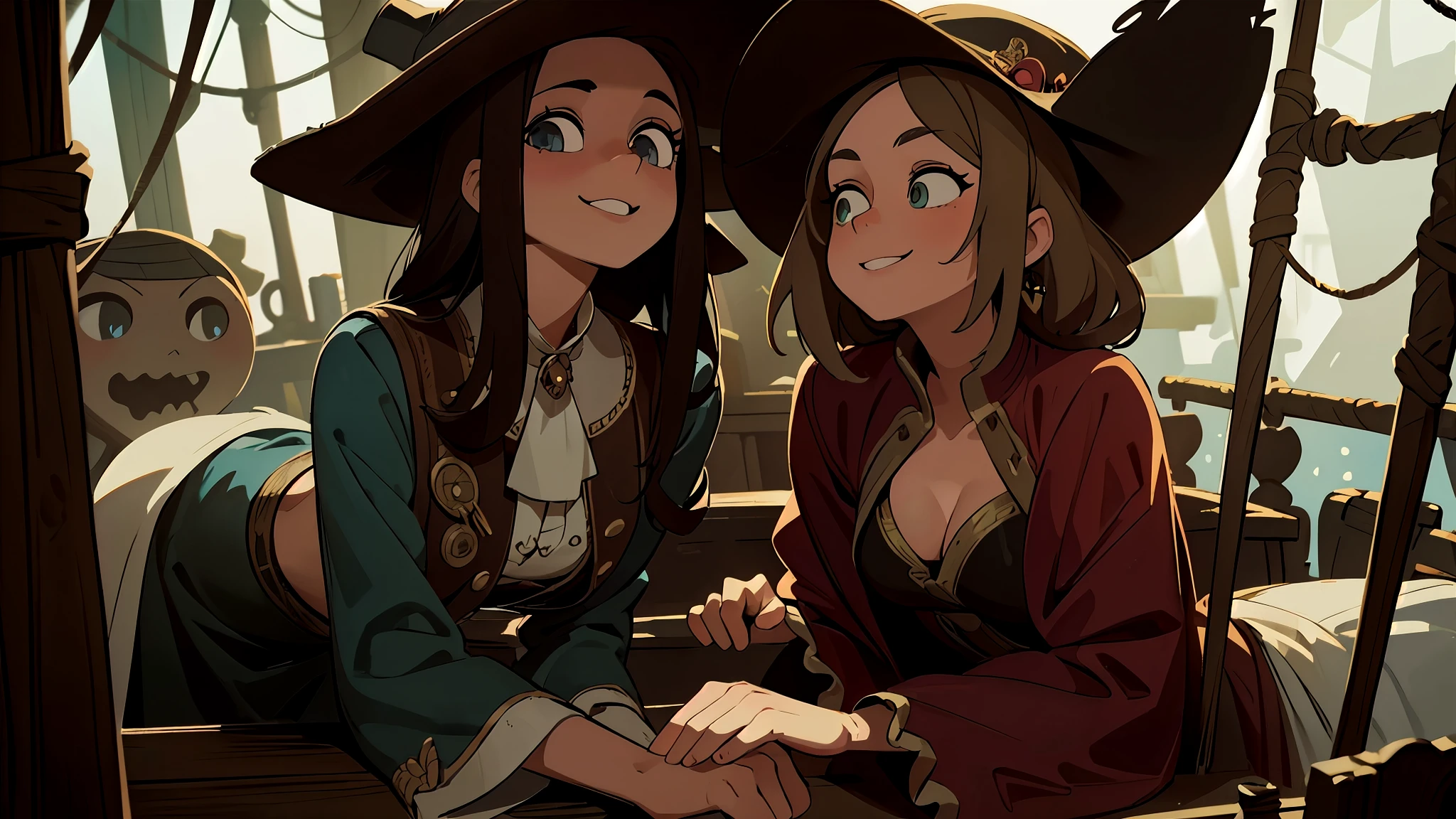 (Best quality, masterpiece:1.2), very detailed, HDR, 20 years, One (pirates of the carribean, Pirate Costume, Rich decorations, Jewelry), (gloomy atmosphere, big hat), I look at the viewer, (Beautiful, detailed eyes, Beautiful, detailed mouth, extremely detailed eyes and face, long eyelashes), (slim, rounded, hourglass) body, (Beautiful, detailed chest, slim breasts, firm breasts), (slim, toned) legs, very sexy, (Cheeky smile, insidious), nsfv
