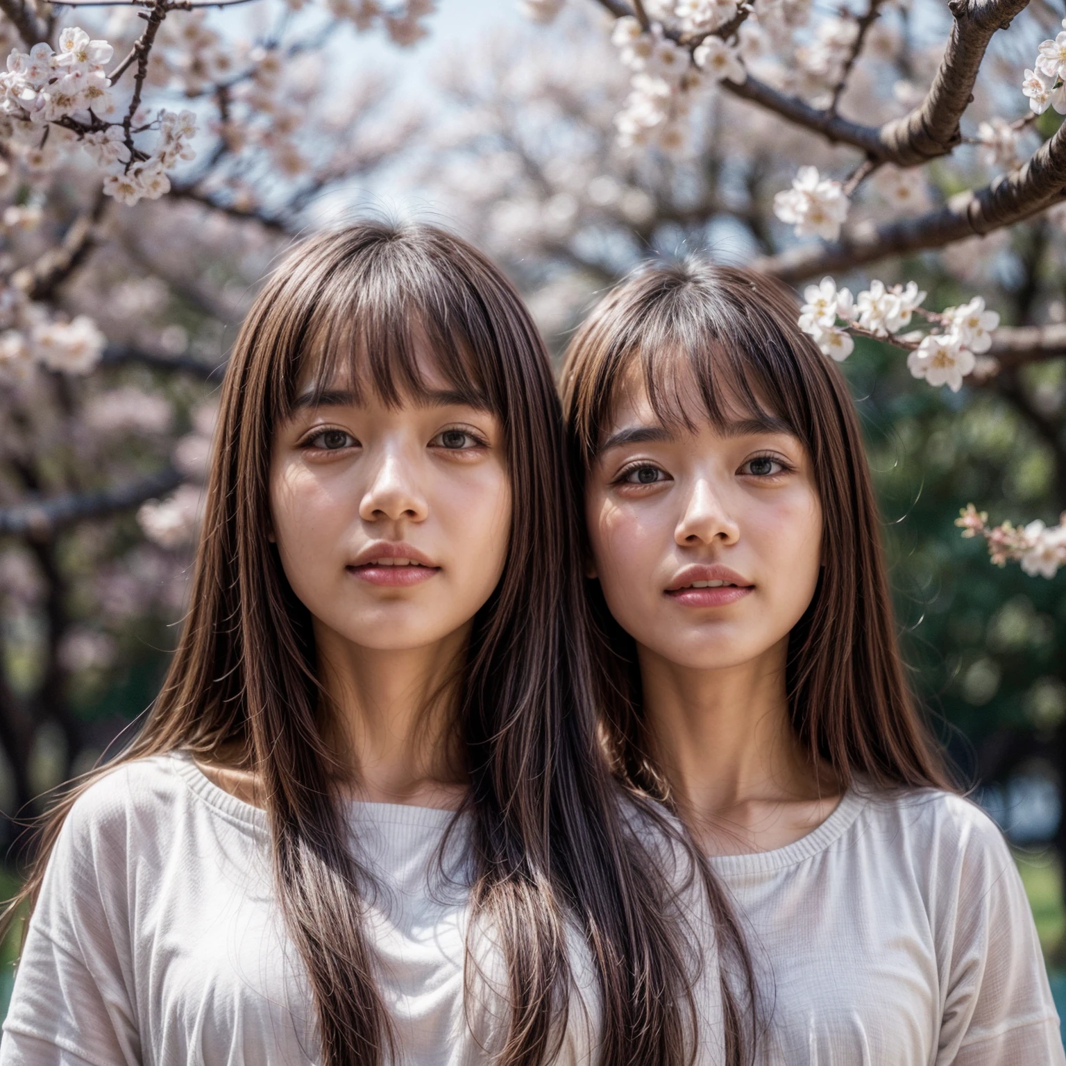 (Surrounding the camera、Panoramic group photo of female students looking down) . (Highest quality, High resolution, masterpiece, Realistic:1.2),(High resolution, Bright colors), Beautiful Face, Detailed facial features, take a picture, (close:1.3, View from below), Detailed Expression, Natural pose, Cherry blossom background with mist, Photon Mapping
