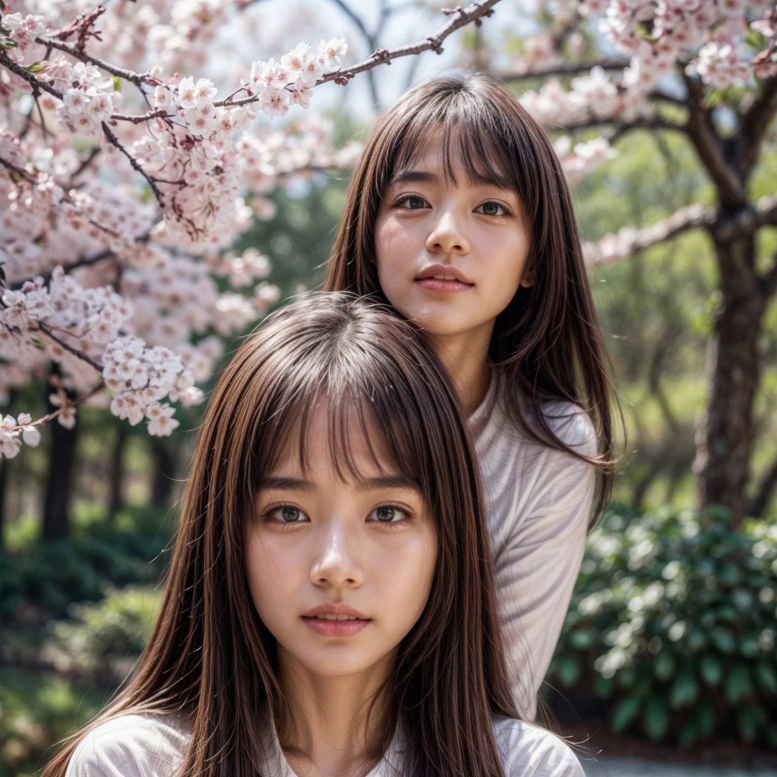 (Surrounding the camera、Panoramic group photo of female students looking down) . (Highest quality, High resolution, masterpiece, Realistic:1.2),(High resolution, Bright colors), Beautiful Face, Detailed facial features, take a picture, (close:1.3, View from below), Detailed Expression, Natural pose, Cherry blossom background with mist, Photon Mapping