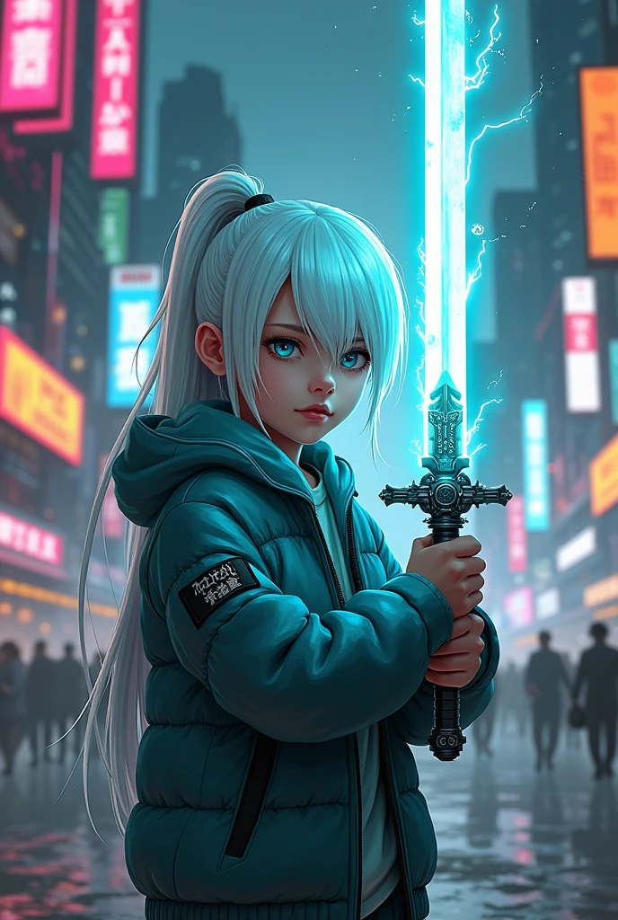 Create a cyberpunk image with a boy with long white hair with turquoise trim holding a futuristic sword filled with cyan blue electrical energy