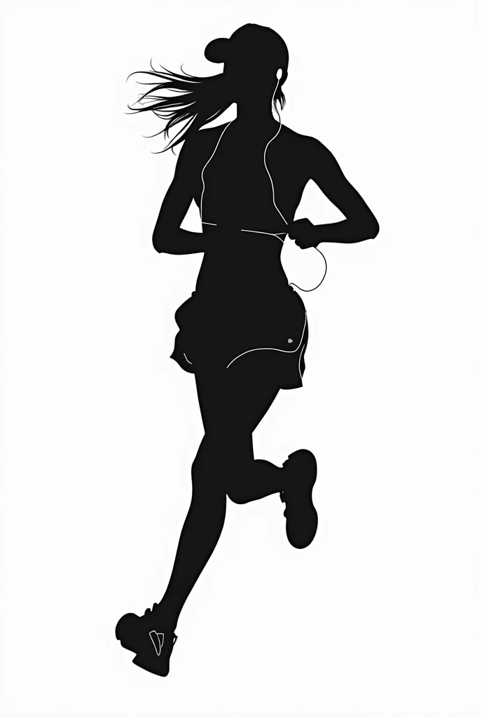 Silhouette Art。PAPERCUT。Solid black。No background。Dynamic Movement。Woman running alone。Holding your phone in your hand。White earphones in ears。A wire is connected to the smartphone in your hand。Wearing large shorts with a white equalizer pattern。Small breasts。A Cup。Right facing。Model body type。White patterned running shoes。Put on a cap。