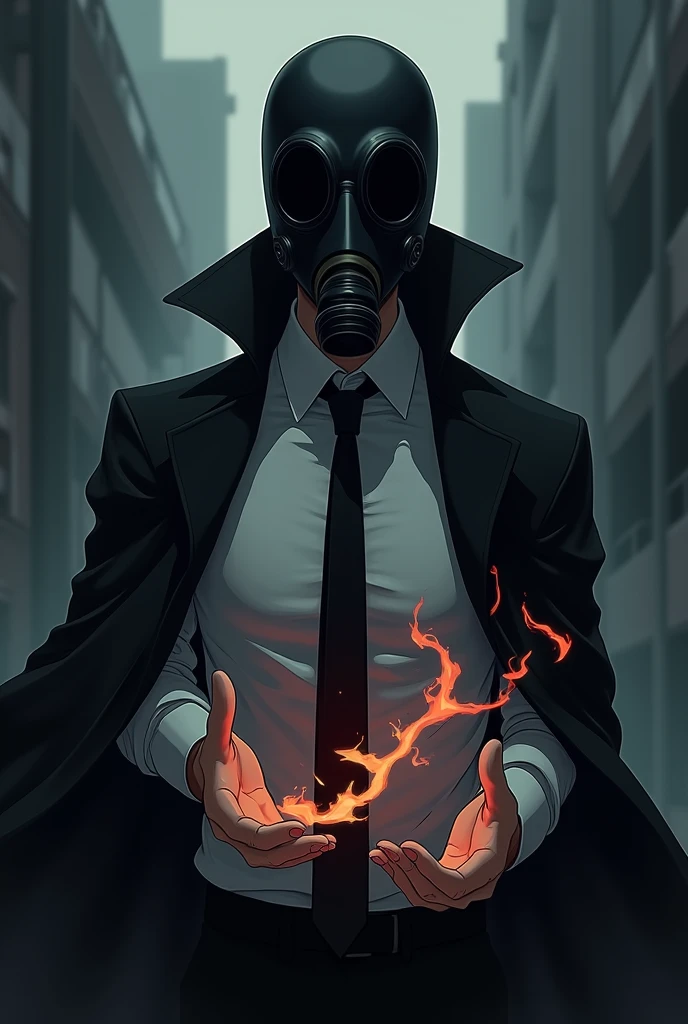 create an anime character ,that he is wearing a black gas mask that covers his entire head and a dress shirt with a black tie and a black overcoat and he has the power to control darkness as if they were flames of darkness in his hand.