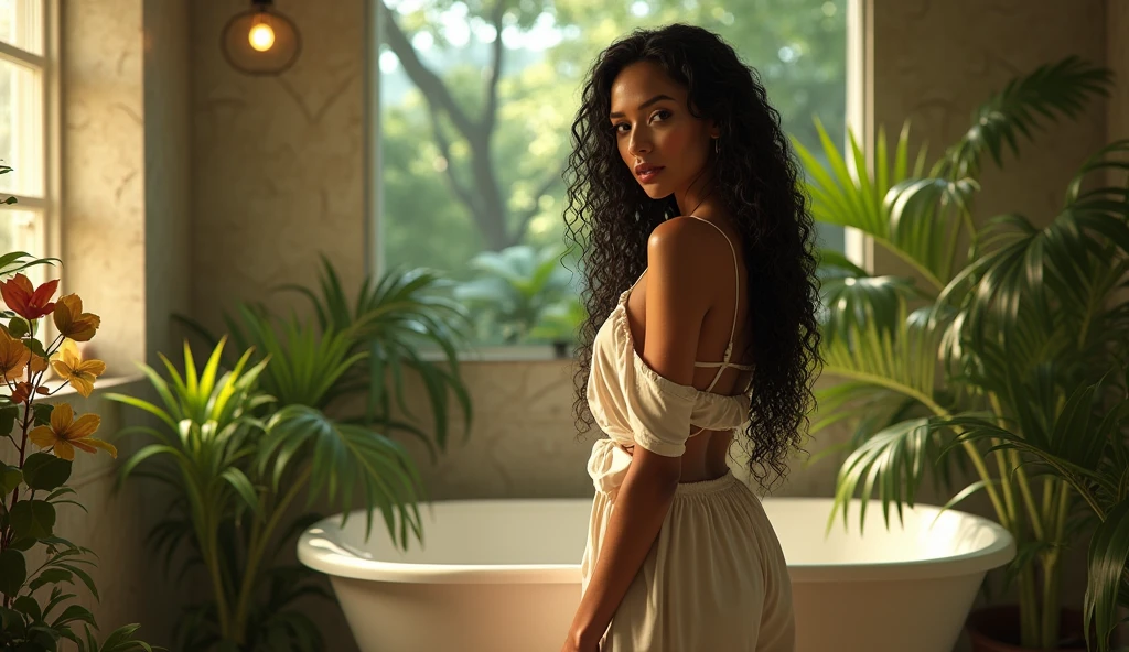(photorealism:1.5), beautiful woman, slim-fit body, perfect body, standing bathroom, wearing loose off-shoulder top, pants, long black curly hair, wet hair, wet clothes, indoors, soft lighting, plants in background, window with sunlight, cozy room, sexy pose, realistic, intricate details, warm colors, by Greg Rutkowski, by Alphonse Mucha