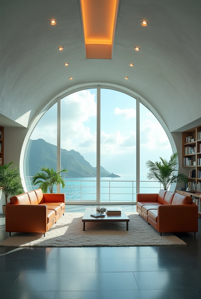 the closed interior of a futuristic building that is resistant to tsunamis and tornadoes, that has armchairs, modern tables and household items. 

