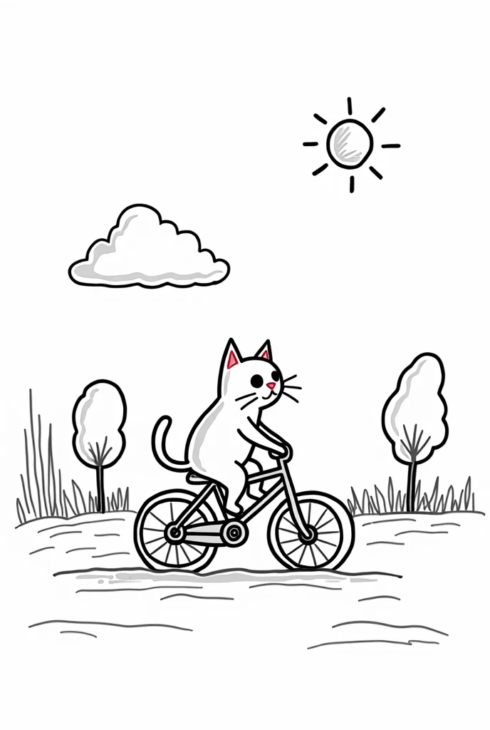 simple coloring page of cats riding a bike during the day. with simple and minimalist strokes, more childish drawing, I need the lines to be spaced and clean to make it easier for people to color the drawing. simple trees and little vegetation. Sun in the sky. uncolored