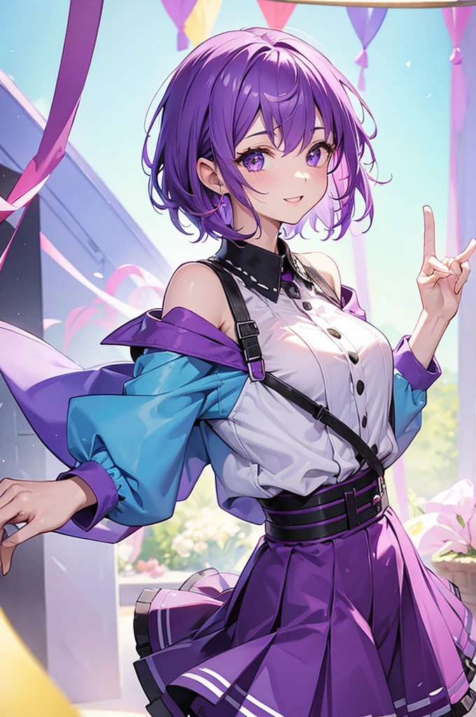 man, short purple hair, happy, dancing, colorful clothes