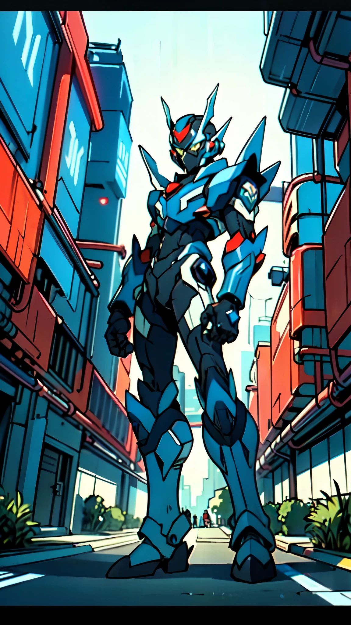 (masterpiece:1.5, best quality:1.5, extremely delicate:1.5), a man wearing a full-face helmet, a fantasy-style biotech armored combat suit, green eyes, (a composite layered chest armor), fully enclosed shoulder guards, matching arm and leg guards, belt of Neon circuit, (the color scheme is primarily blue with red and black accents), the design balances heavy with agility, a high-tech bio-mecha armor, (Armor Concept Inspired by neon Cyberpunk, stand on the top of a skyscraper in a futuristic sci-fi city), this character embodies a finely crafted fantasy-surreal style armored hero in anime style, exquisite and mature manga art style, (element, plasma, energy, the armor glows), ((male:1.5)), metallic, high definition, highres, ultra-detailed, ultra-fine painting, professional, perfect body proportions, golden ratio, anatomically correct, symmetrical face, extremely detailed eyes and face, high quality eyes, creativity, RAW photo, UHD, 32k, Natural light, cinematic lighting, masterpiece-anatomy-perfect