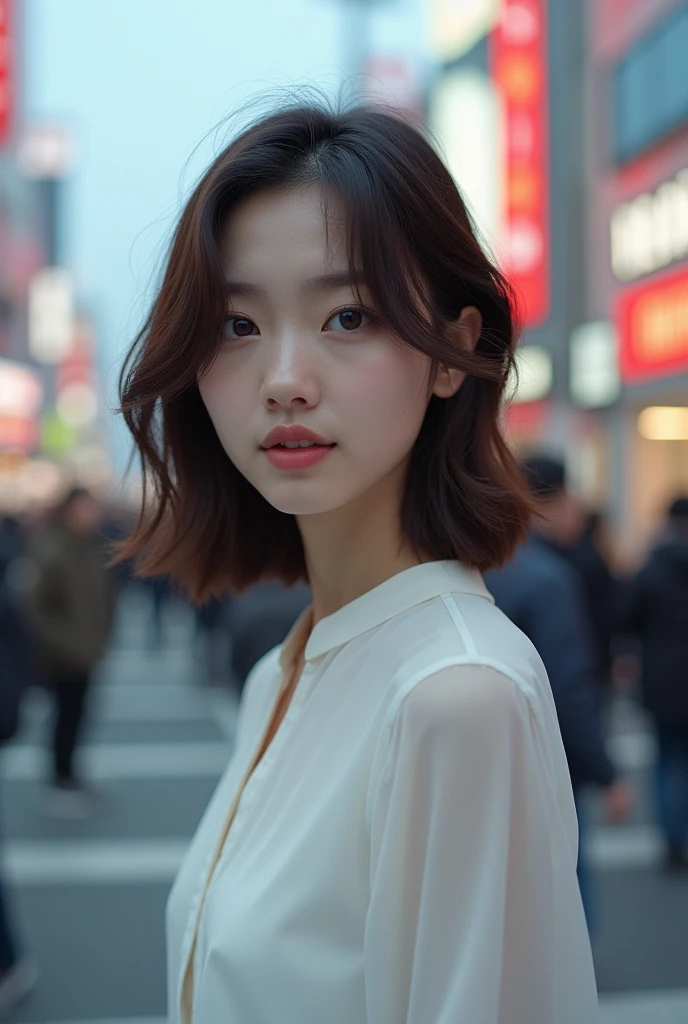 Low angle shot with Shibuya Scramble Crossing in the background,Blur the background,Your hair is beautiful,Looking this way,,Japanese women,The hair is slightly brown,The eyes are double,Dressed in a white dress,Photorealistic,32mm camera