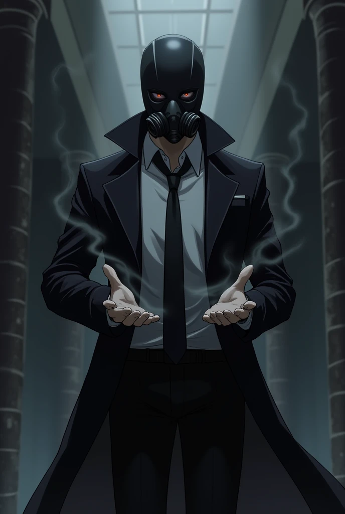 create an anime character ,that he is wearing a black gas mask that covers his entire head and a dress shirt with a black tie and a black overcoat and he has the power to control darkness as if they were black flames of darkness in his hand.