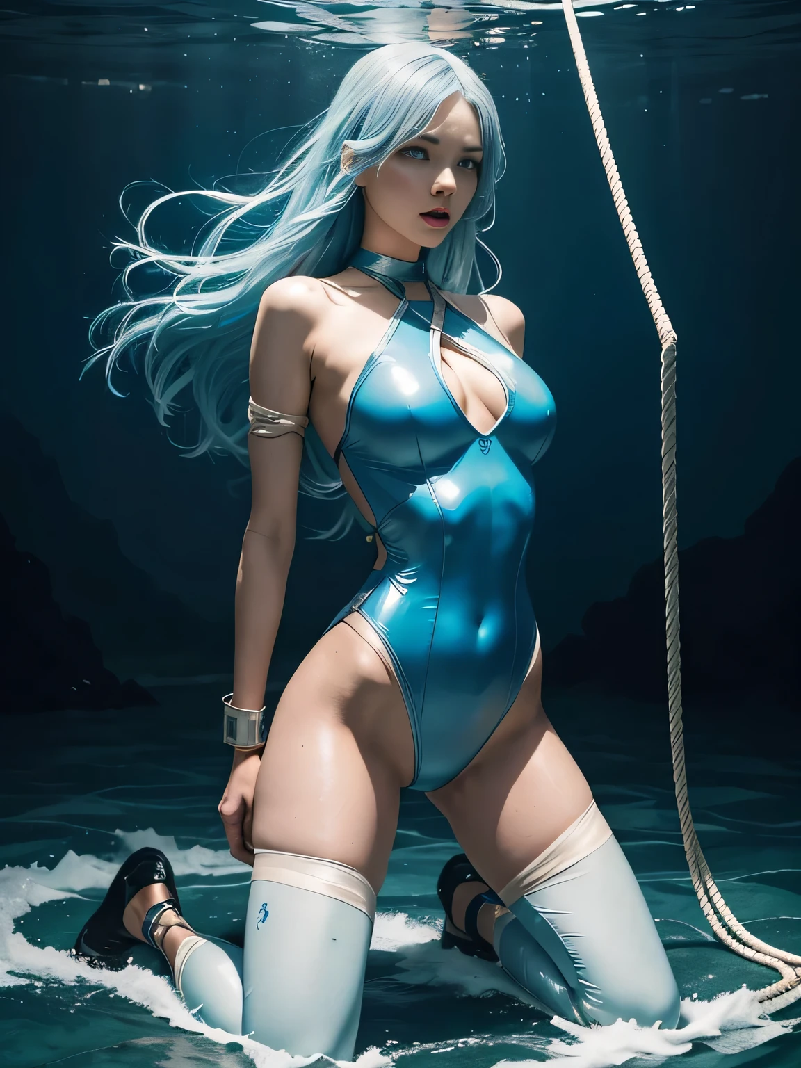uperheroine, long long gorgeous light blue hair, slender body, latex, leotard blue and white costume, captured, shibari, static restrained, arms behind back, chained, rope bind, cruelly, painful, helpless, humiliating, regrettable, screaming, kneeling, sweating, screaming, in undersea, waves are rough, bondage