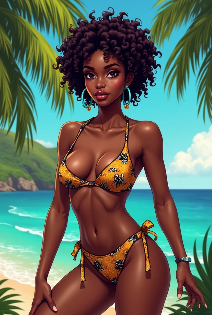 dark chocolate skin color sexy beautiful stunningly gorgeous nude nude nude breasts pussy short curly red afro hoop earrings silky white beach hat large black sunglasse, laying down in the sand win the water, shore line, small wave night time full moon in the distance

