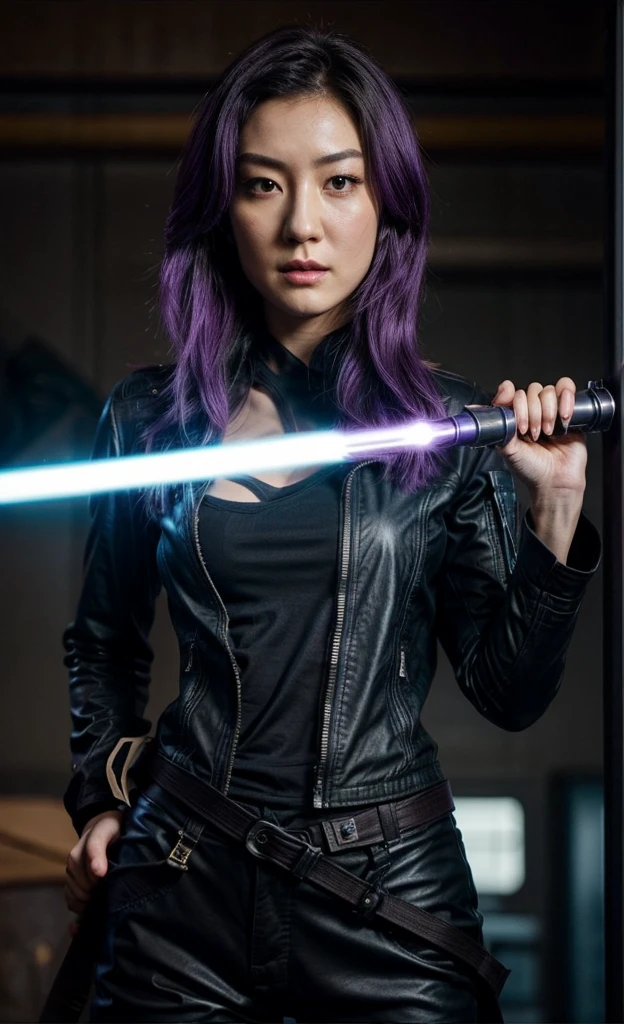 Natasha Liu Bordizzo as Sabine Wren, neckline, expressive eyes, focus on eyes, lightsaber, straight purple hair, NSFW, black jacket, black pants 
