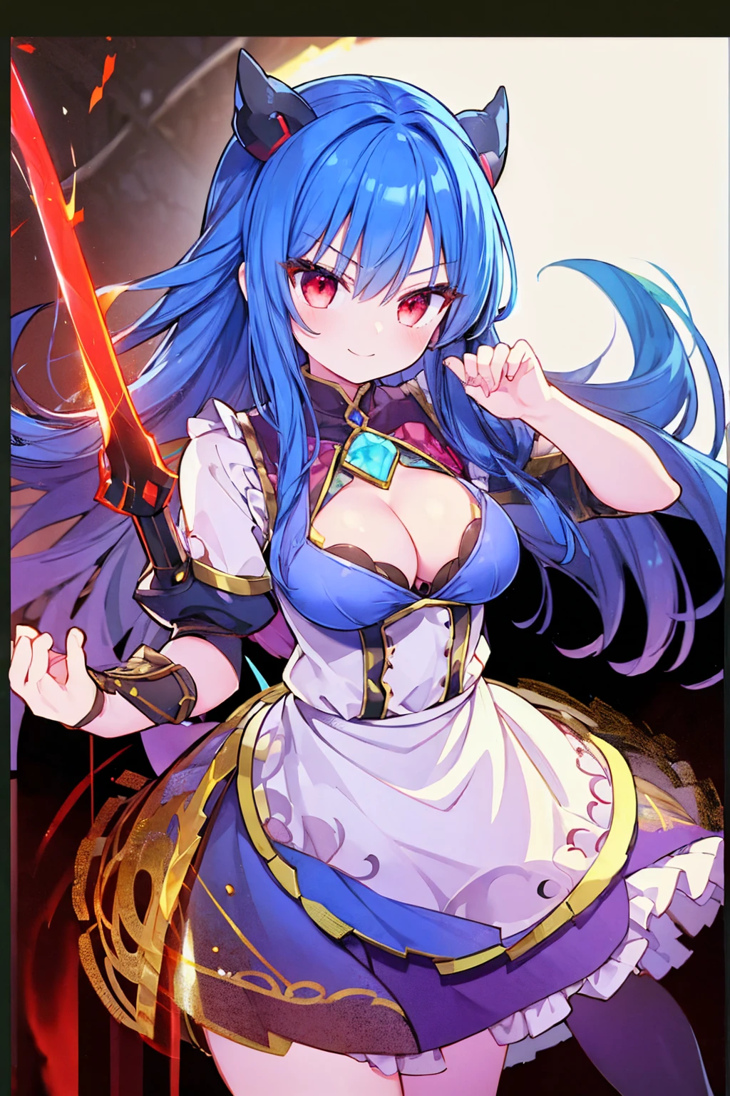 (masterpiece),best quality, perfect face, 1girl, beautiful, hero, armor, blue long hair, Red eyes, evil smile, medium breast, cleavage, looking at viewer, fantasy background, holding a sword from the hilt