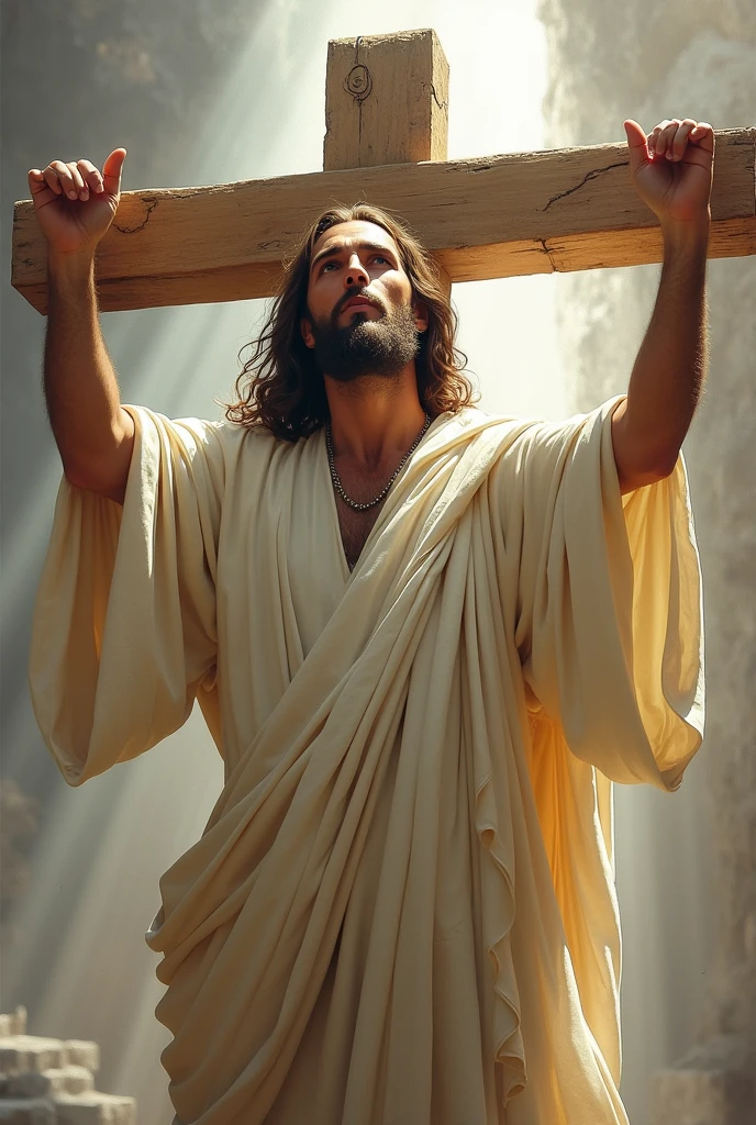 Jesus as a beard, and a white robe holding a crucifix pointing at me