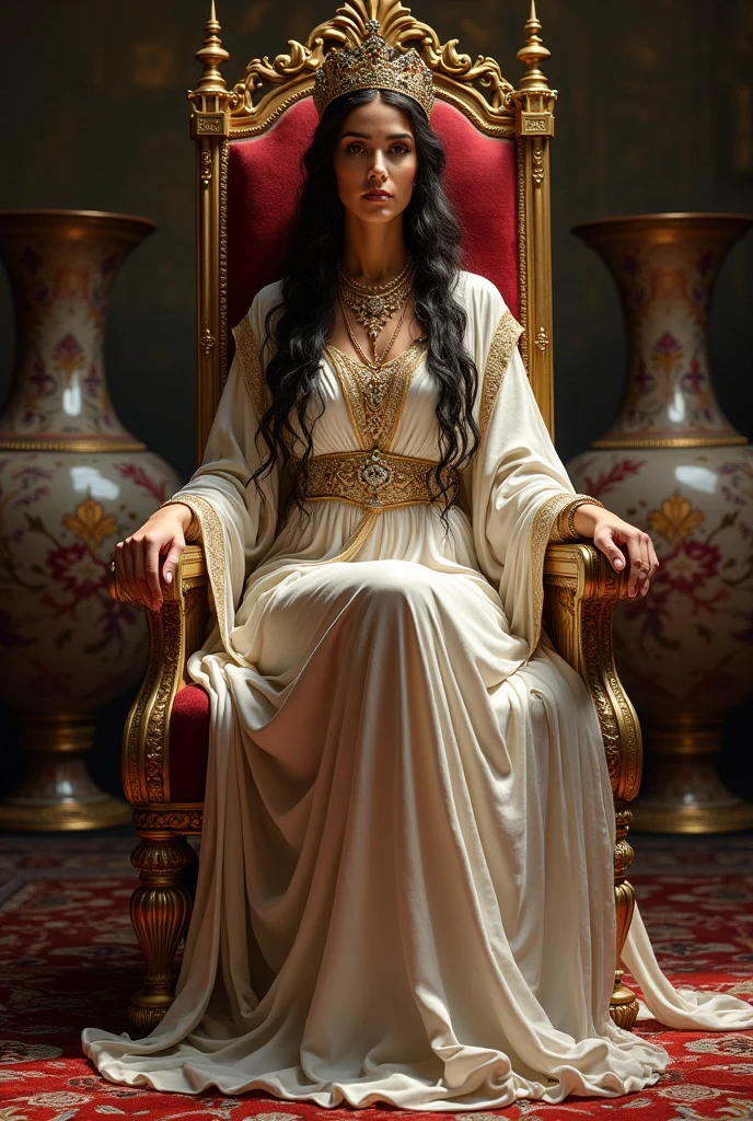 A Persian queen sitting on a throne in the background with vases and a Persian carpet