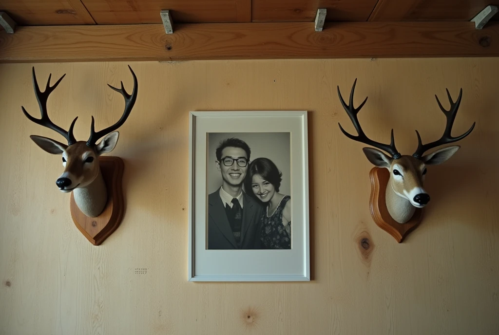 ((Japanese countryside))Taxidermy studio in、Old photos on the wall、The photo was of a smiling Japanese taxidermist and a young Japanese woman.、It was pinned to the wall of the taxidermy studio.