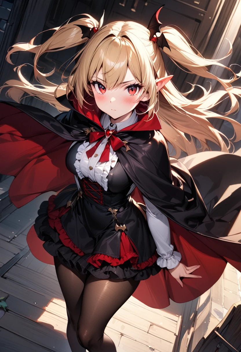 (masterpiece),(best quality),(ultra-detailed),(best illustration),(best shadow),(absurdres),(detailed background),(very aesthetic), 1girl, solo, blonde-hair, red-eyes, pointy-ears, looking-at-viewer, long-hair, pantyhose, vampire, dress, two-side-up, black-pantyhose, hair-ornament, black-dress, cape, bat-hair-ornament, standing, long-sleeves, blush, thick thighs, frills, black-cape, closed-mouth, short-dress, floating-hair,
