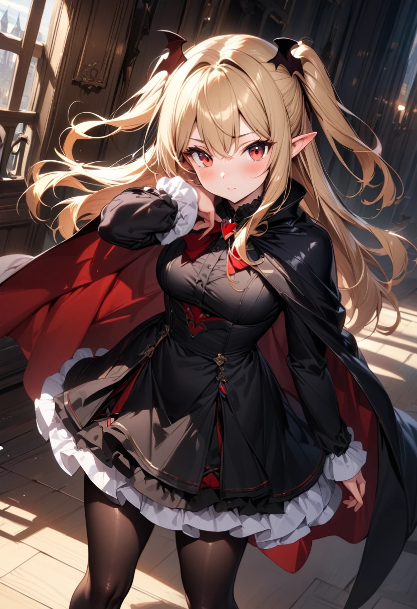(masterpiece),(best quality),(ultra-detailed),(best illustration),(best shadow),(absurdres),(detailed background),(very aesthetic), 1girl, solo, blonde-hair, red-eyes, pointy-ears, looking-at-viewer, long-hair, pantyhose, vampire, dress, two-side-up, black-pantyhose, hair-ornament, black-dress, cape, bat-hair-ornament, standing, long-sleeves, blush, thick thighs, frills, black-cape, closed-mouth, short-dress, floating-hair,