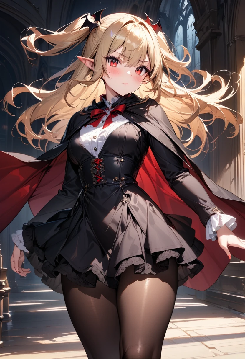 (masterpiece),(best quality),(ultra-detailed),(best illustration),(best shadow),(absurdres),(detailed background),(very aesthetic), 1girl, solo, blonde-hair, red-eyes, pointy-ears, looking-at-viewer, long-hair, pantyhose, vampire, dress, two-side-up, black-pantyhose, hair-ornament, black-dress, cape, bat-hair-ornament, standing, long-sleeves, blush, thick thighs, frills, black-cape, closed-mouth, short-dress, floating-hair,