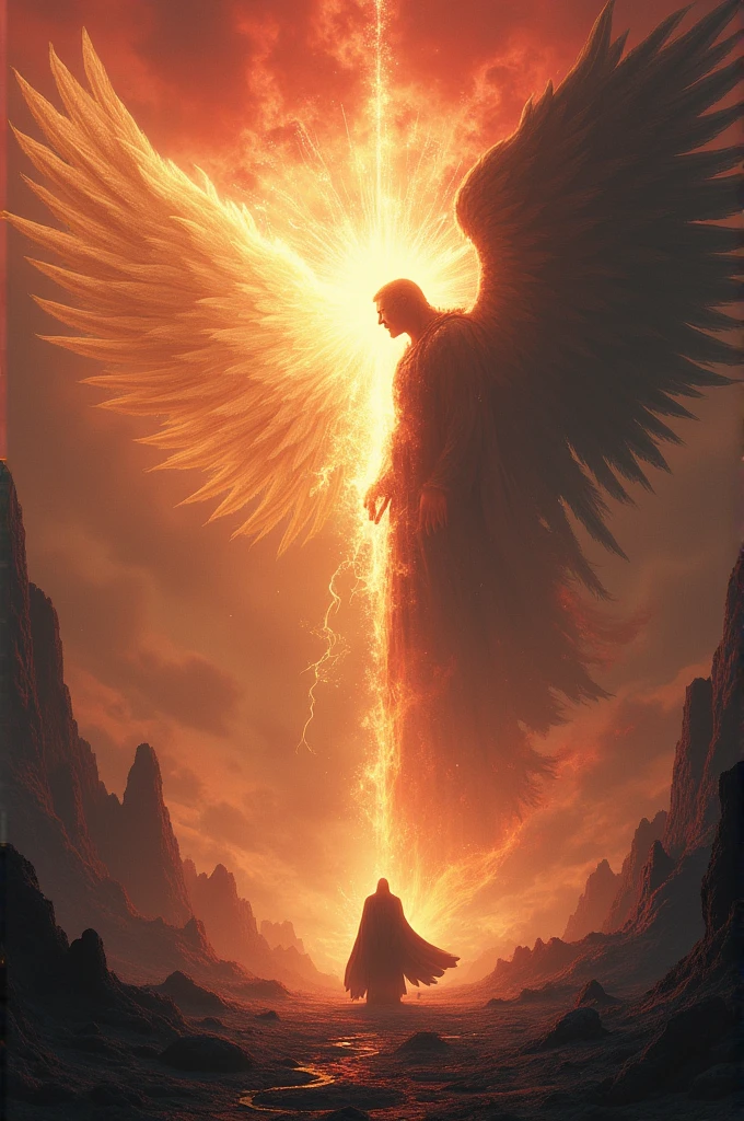 Create an image where good and evil appear, where God and Satan appear and fighting for the land.