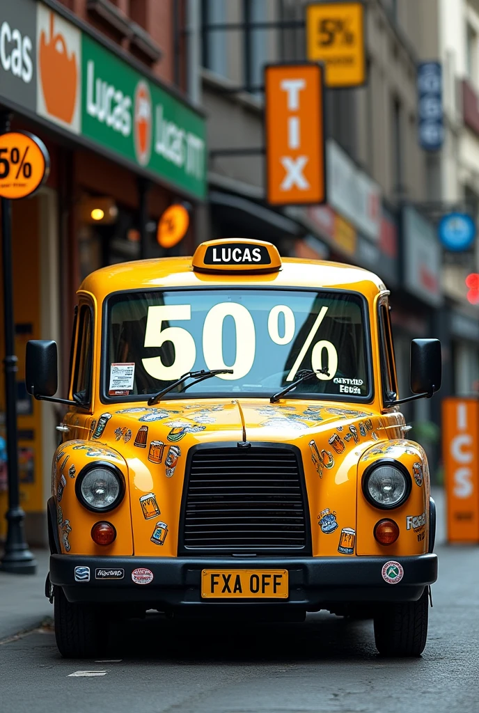 A modern taxi with a 50 sign% large discount in several places, Next to it there are signs with the name Lucas TNT , the taxi customized with beers beer stickers