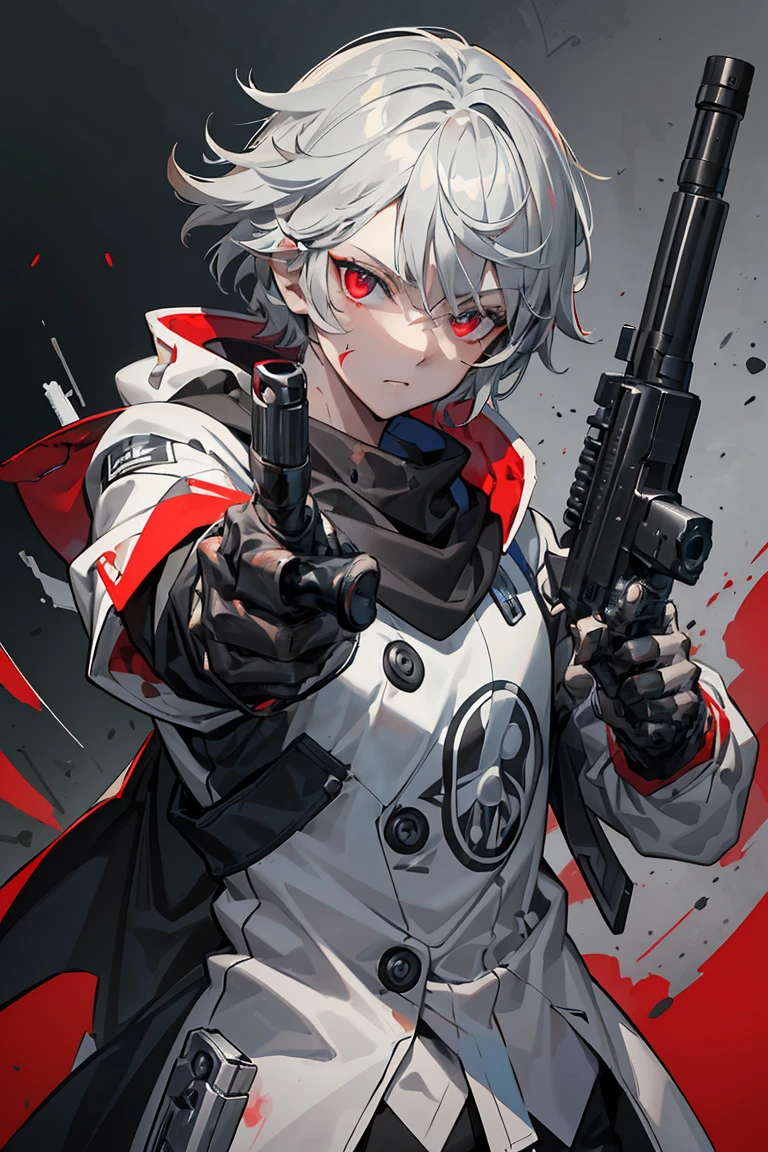 Handgun、looking at the camera、((Aim the gun at the camera))、((Upper Body))、((Gray Hair))、((Photograph from the front))、(((((gun))))),(((cowboy shot))),((((Pointing the gun this way))))（Covered in blood）、Clothes full of scratches、((Scarred Face))、Red-black eyes、Detailed eyes、Scorched black clothes、((Detailed hands))、high resolution、Detailed picture、Beautiful painting、Targeting You、Holding a gun and staring at the viewer, Cold look、masterpiece, best quality, detailed beautiful face and eyes,detailed beautiful face,and eyes