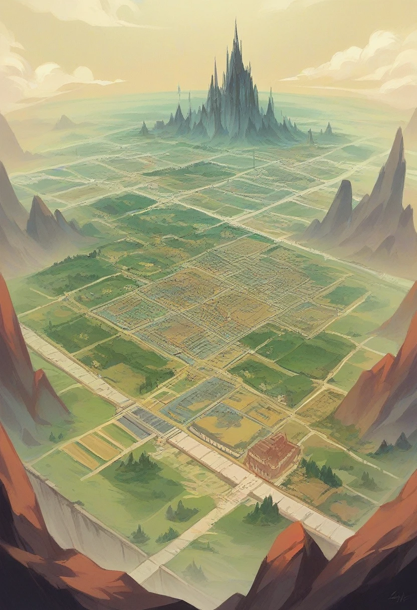 Create a map of an Iron Prison City on a maze-like island with 4 attached islands with shadowy detail zooming in