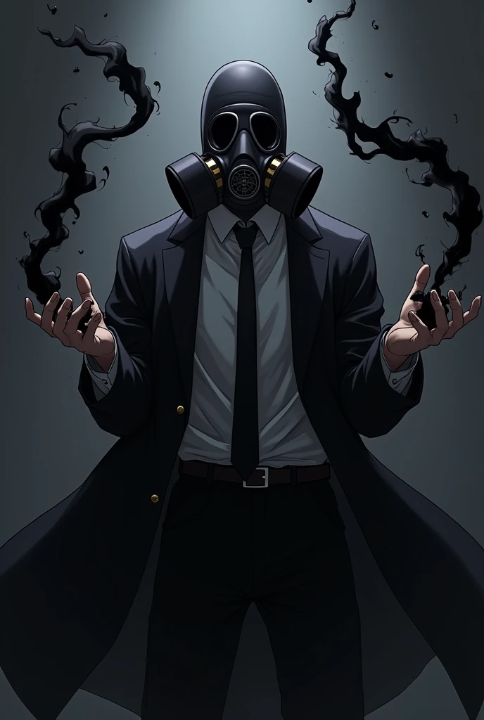 create an anime character ,that he is wearing a black gas mask with only one respirator that covers his entire head and a dress shirt with a black tie and a black overcoat and he has the power to control darkness as if they were black flames of darkness in his hand.