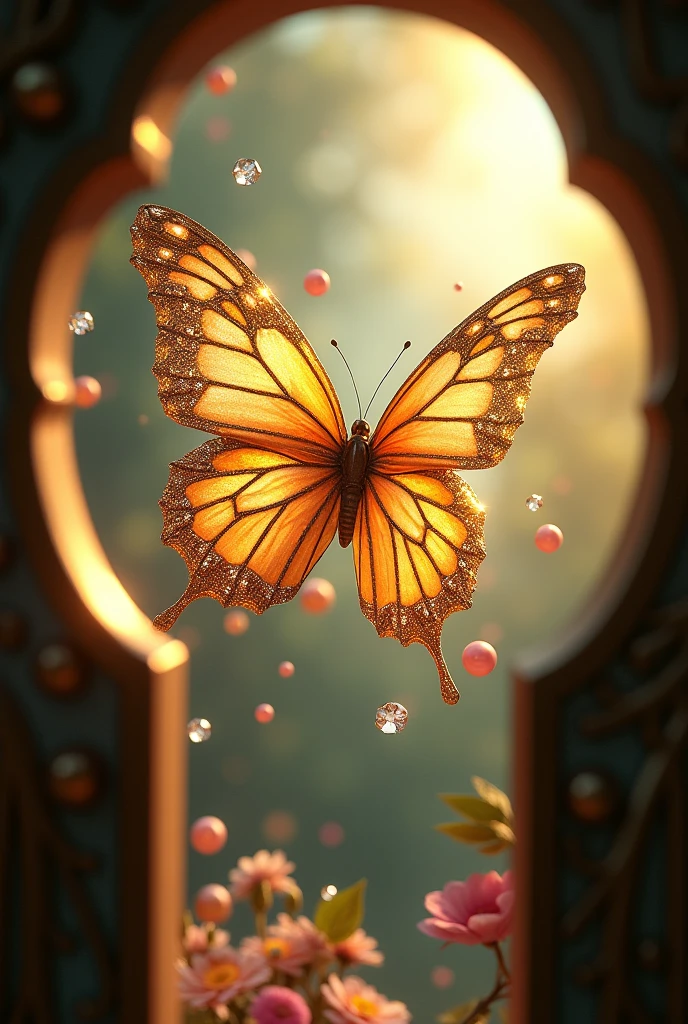 Masterpiece, best quality, full HD, (ultra détaillé)
Postcard magnifique insectes papillon avec des pétales en or et incrusté de Swarovski. Papillon d'une pureté resplendissante qui déploie ses ailes dans toute leur splendeur et prend son envol. Des boules multicolore éparpillés partout sur l'affiche.
Photographie prise à travers le trou d'une serrure.