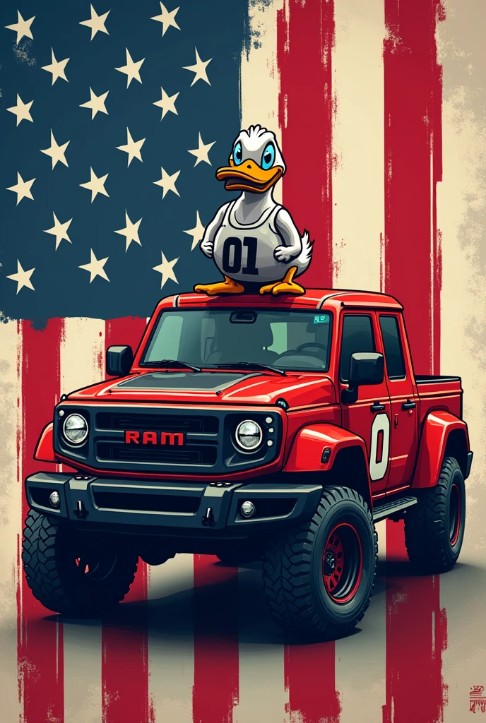 Jersey shirt with the flags USA flag in the background with duck in a front with like ram truck duck on truck but without the hat or on the back the back of the jeep and middle of the duck with the number of player
Create this design
