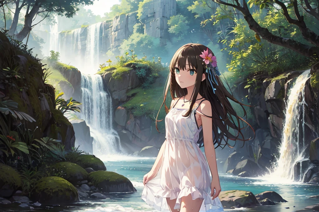 Highest quality、Masterpiece、Highest Resolution、Shibuya Rin、Standing at the waterfall、sweet、Wet and transparent camisole dress、Body lines are visible、Flower Hair Ornaments、necklace、slender、View Viewer