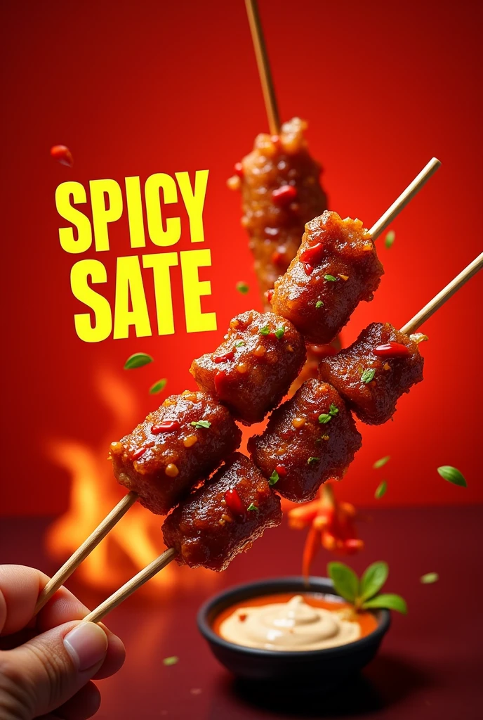 An Instagram post showcasing a special menu item: spicy sate skewers. The post features a close-up of the skewers with chili flakes and a side of dipping sauce. The background is a fiery red gradient, and the text "Spicy Sate - Only for the Brave!" is displayed in bold, dynamic fonts. Created Using: vivid colors, high contrast, dynamic composition, modern typography, spicy theme, hd quality, vivid style