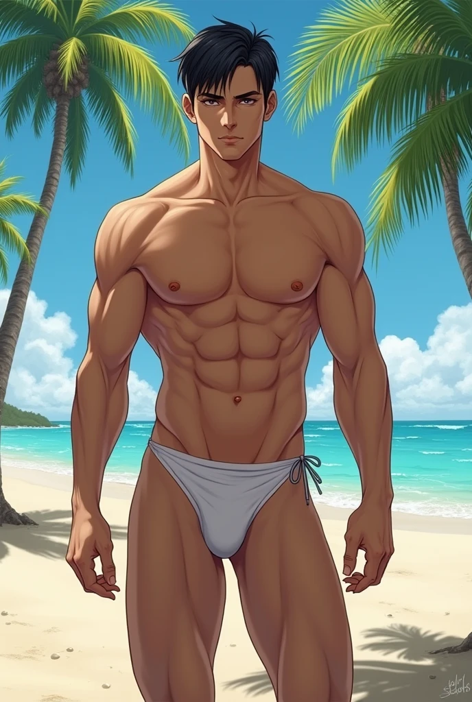 A handsome man with short hair and a sexy body, wearing a bikini and a loincloth, and looking a little excited, with the background at the beach、I want the Japanese to do it like they're rubbing their crotches. I want them to face forward.