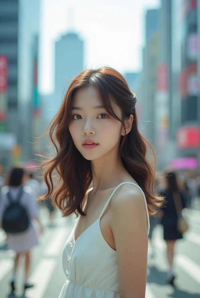 Low angle shot with Shibuya Scramble Crossing in the background,Blur the background,Your hair is beautiful,Looking this way,Bright photo,Japanese women,The hair is slightly brown,The eyes are double,Dressed in a white dress,Photorealistic,32mm camera