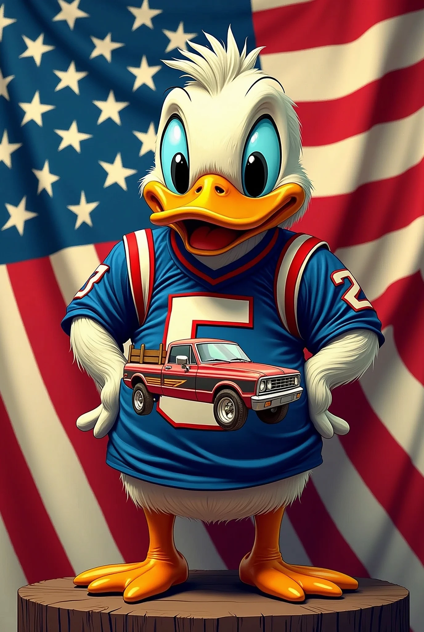 Jersey shirt with the flags USA flag in the background with duck in a front with like ram truck duck on truck but without the hat or on the back the back of the jeep and middle of the duck with the number of player