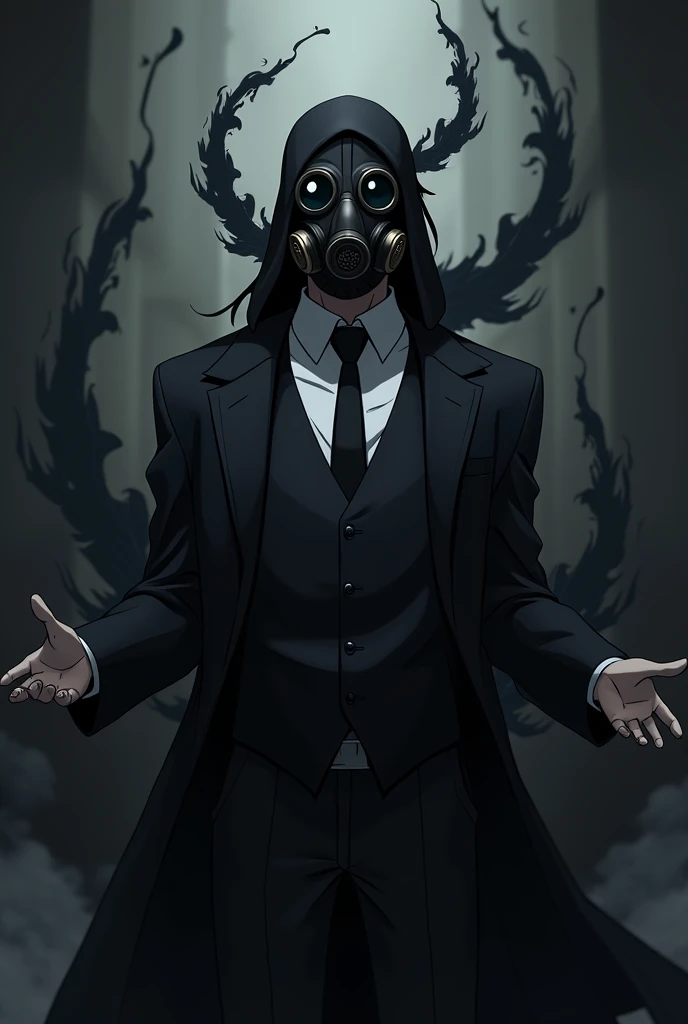 create an anime character ,that he is wearing a black gas mask with only one respirator that covers his entire head and a dress shirt with a black tie and a black overcoat and he has the power to control darkness as if they were black flames of darkness in his hand.