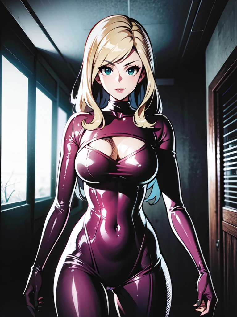 ((super high quality,Ultra-high resolution,4K,8k,super masterpiece,Ultra HD)),Dimly lit room at night,One Woman,Open rider suit,Cleavage,sexly,smile,