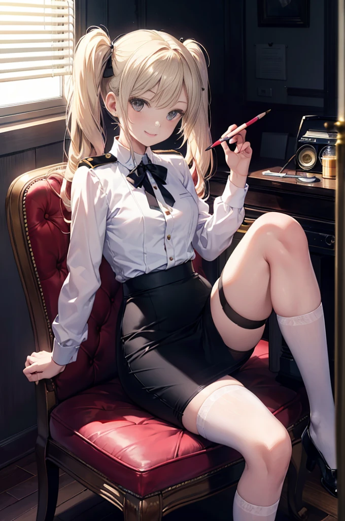 (masterpiece), 4K,woman,I have a pen,long sleeve military uniform,Small breasts,Small Ass,Twin tails,Light bulb lighting,Realistic, skinny, Garter Stockings,smile,Sit in a luxurious chair,((Knee-length pencil skirt)),Talking on the radio