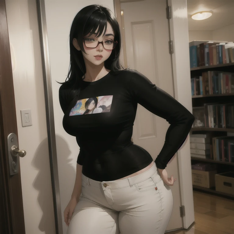 beautiful detailed, cute face, , medium black hair, black hair over one eye, glasses, long sleeve T-shirt, long pants, pearshaped wide hips, thick thighs, solo, voluptuous breasts,