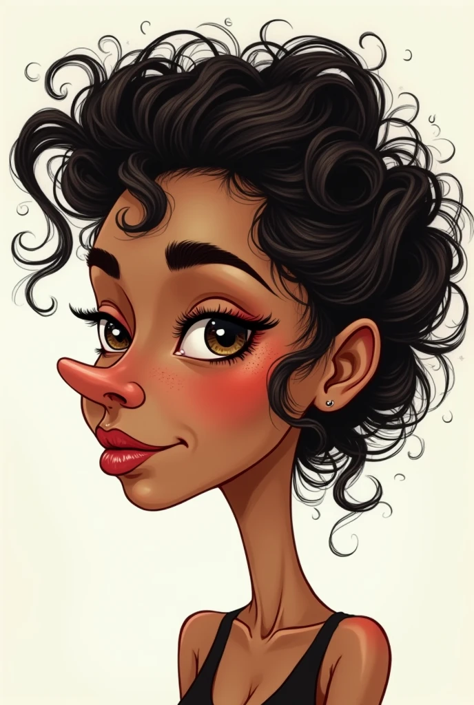 Caricature of a woman from 1.50 meters, thin face, brown skin, profiled nose, slanted eyes, freckles on her cheeks and nose, with full lips and curly hair