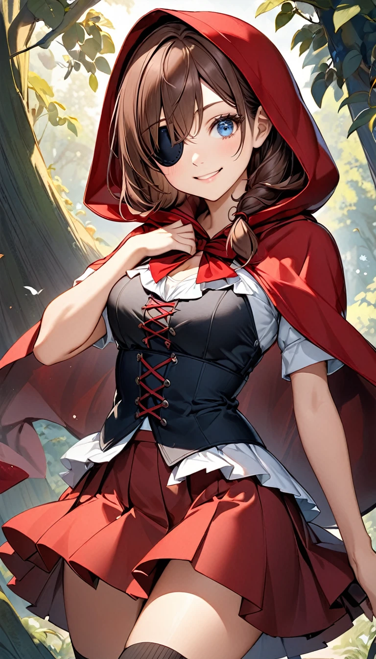 One girl, perfect face, teenage girl body, brown hair , half body body, a long red riding hood, blue cute eyes, black eye patch , medium boobs , brown heels, long black socks, red Short skirt، beautiful smile 
