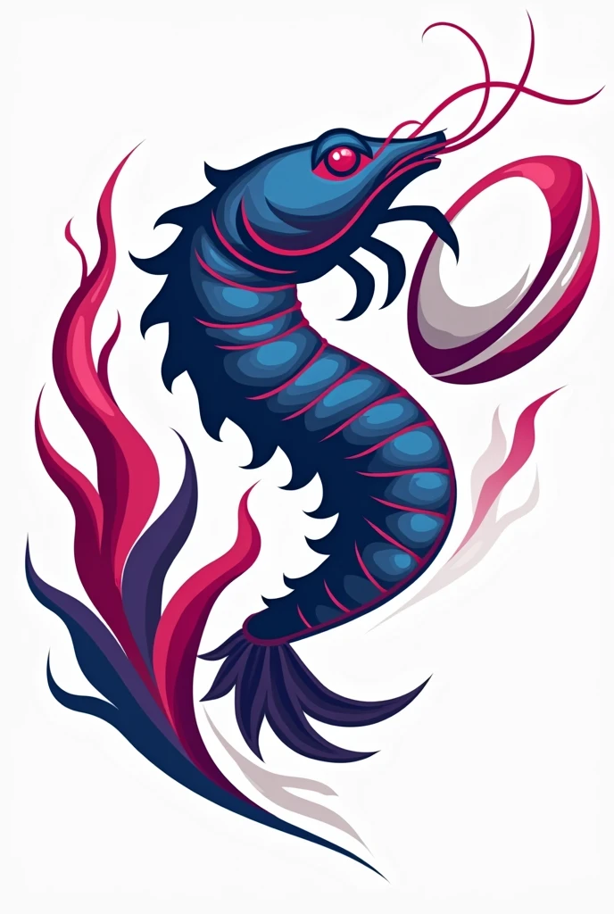 You could act as an expert in illustration and design and create the logo for a rugby club called Shrimps where its visual elements make direct reference to the name of the club.. The elements would be a shrimp, ball in blue and magenta you could work on the idea that you generated with simple lines you could add a rugby ball