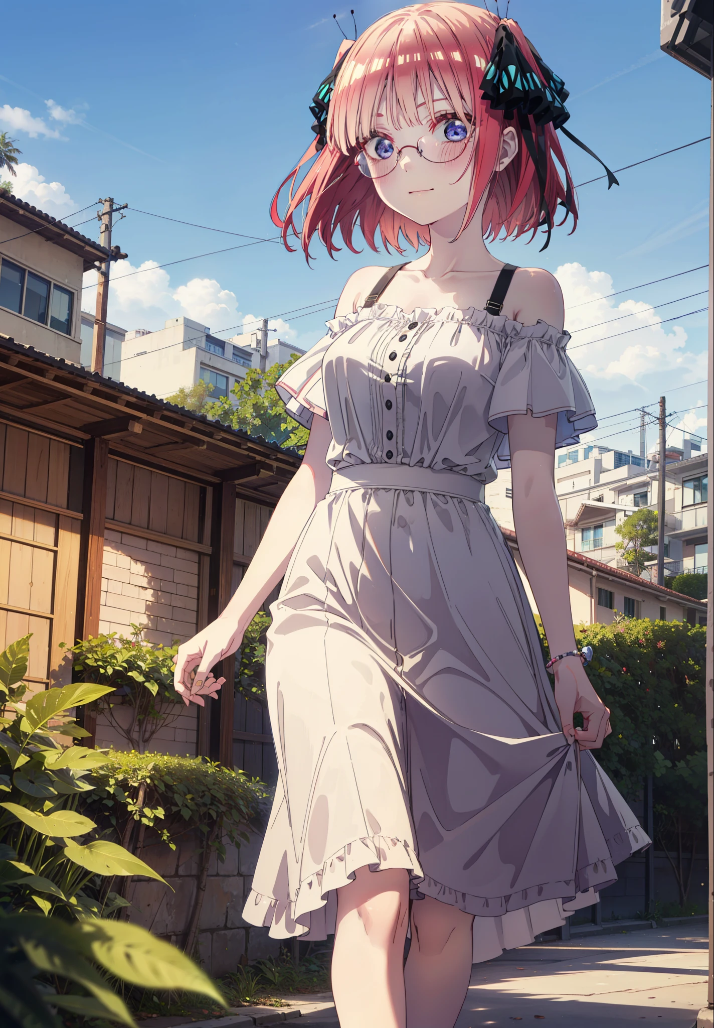 I was silent, Nakano Nino, Short Hair, bangs, blue eyes, hair ornaments, Hair Ribbon, Pink Hair, blunt bangs, Both sides up, butterfly hair ornaments,Black-rimmed glasses,blush,smile,One-off shoulder shirt,Short sleeve,Long skirt,Cute heeled sandals,Walking,morning陽,morning,The sun is rising,Palm tree,whole bodyがイラストに入るように,
break outdoors, tropical,海岸通り
break looking at viewer,whole body,
break (masterpiece:1.2), Highest quality, High resolution, unity 8k wallpaper, (figure:0.8), (Beautiful attention to detail:1.6), Highly detailed face, Perfect lighting, Highly detailed CG, (Perfect hands, Perfect Anatomy),