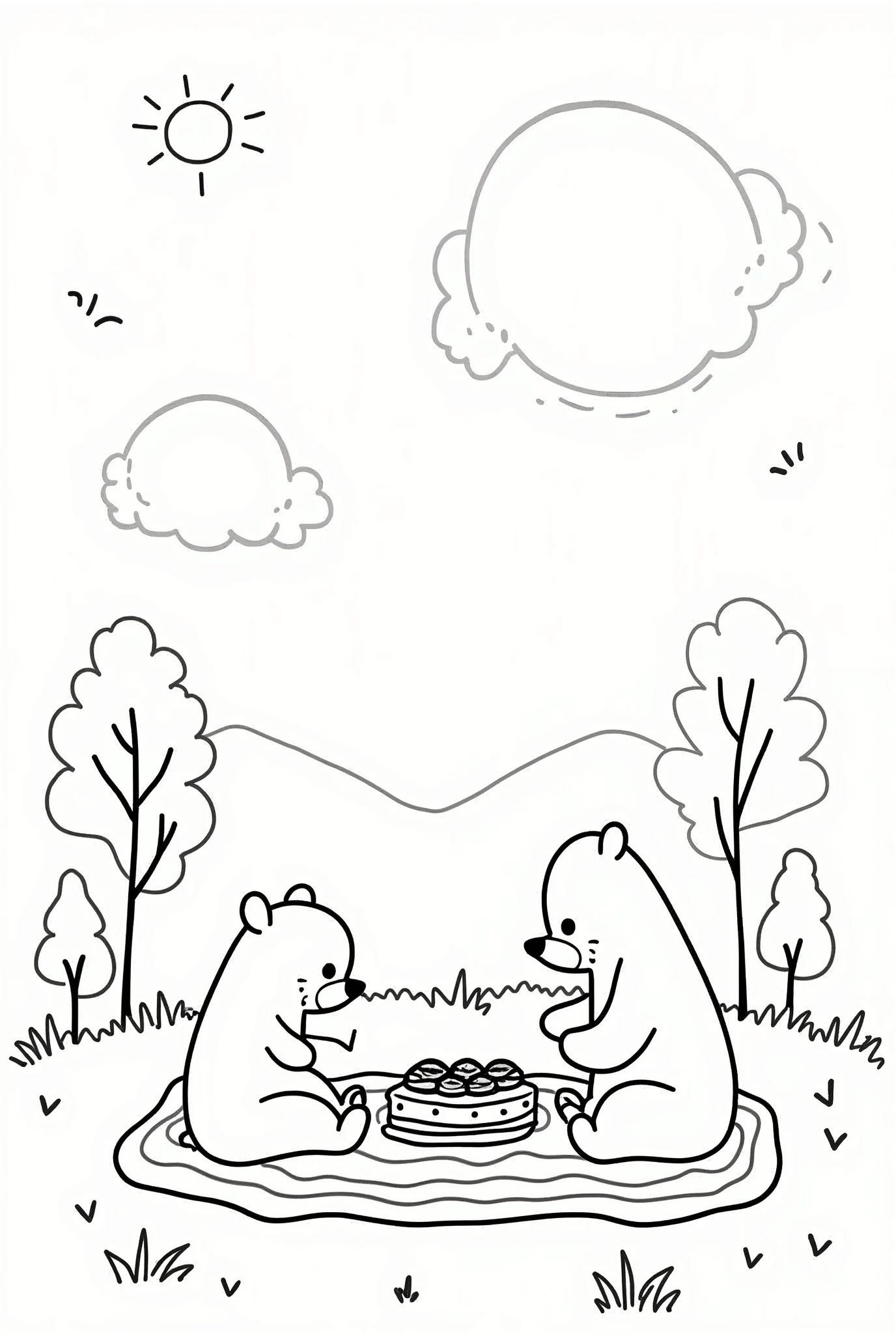 simple coloring page of cute and simple bears on a picnic in the forest, the day is beautiful. with simple and minimalist strokes, more childish drawing, I need the lines to be spaced and clean to make it easier for people to color the drawing. simple trees and little vegetation. Sun in the sky. estilo bobbie goods