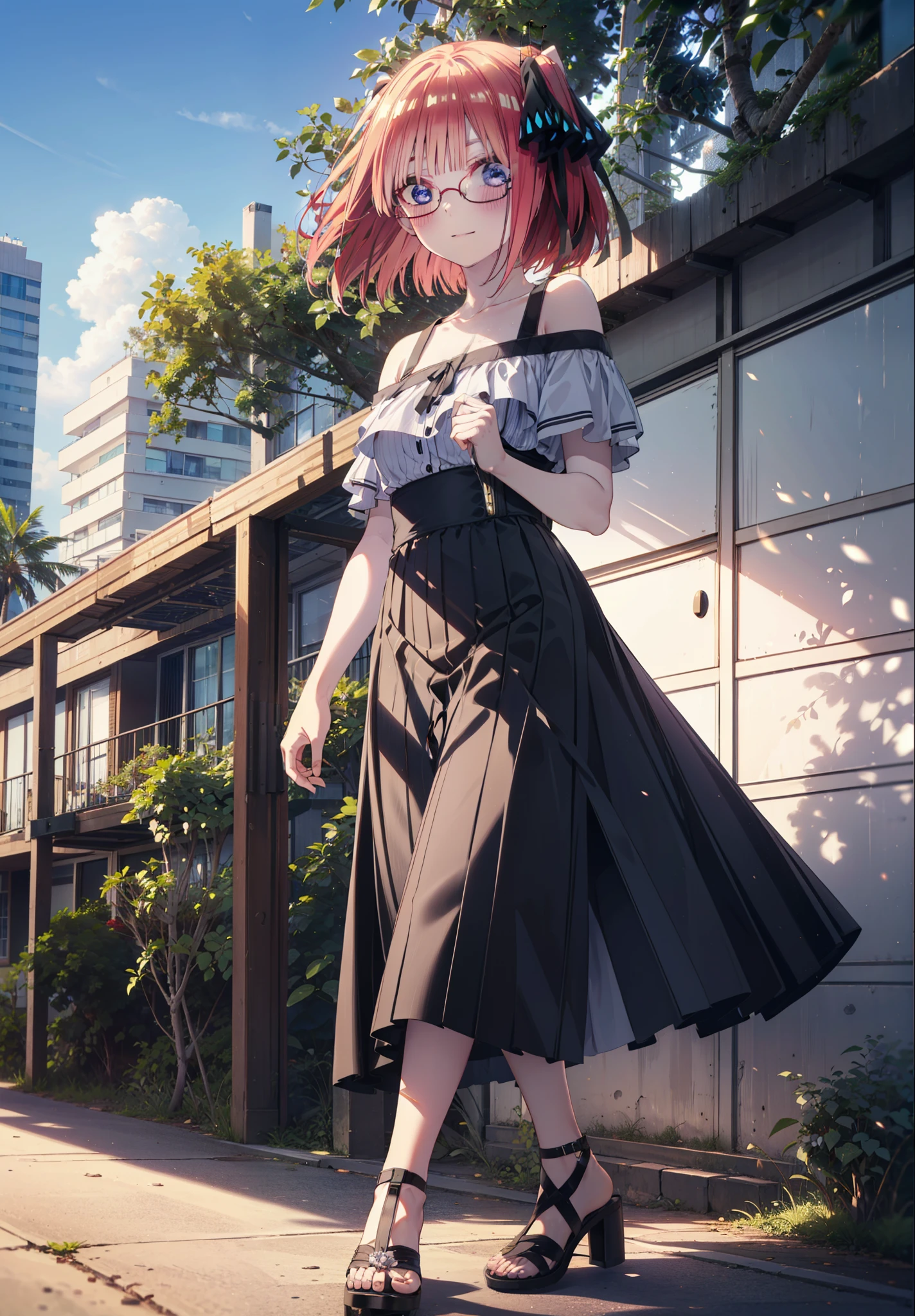 I was silent, Nakano Nino, Short Hair, bangs, blue eyes, hair ornaments, Hair Ribbon, Pink Hair, blunt bangs, Both sides up, butterfly hair ornaments,Black-rimmed glasses,blush,smile,One-off shoulder shirt,Short sleeve,Long skirt,Cute heeled sandals,Walking,morning陽,morning,The sun is rising,Palm tree,whole bodyがイラストに入るように,
break outdoors, tropical,海岸通り
break looking at viewer,whole body,
break (masterpiece:1.2), Highest quality, High resolution, unity 8k wallpaper, (figure:0.8), (Beautiful attention to detail:1.6), Highly detailed face, Perfect lighting, Highly detailed CG, (Perfect hands, Perfect Anatomy),